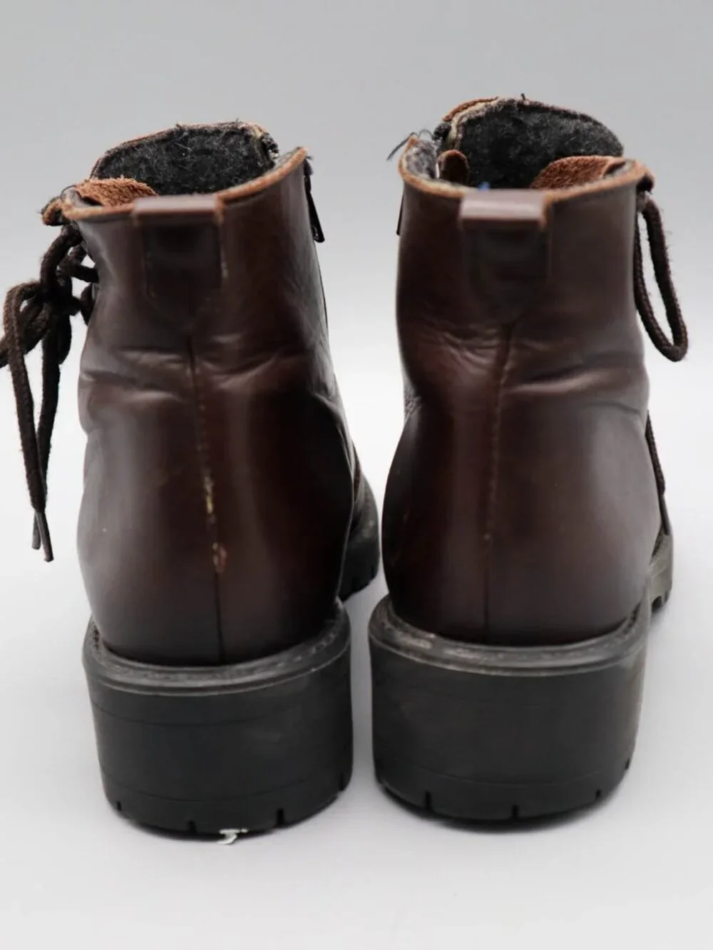 Brown Leather Booties Ankle Boots Side Zip Lace Up Sz 7 Felt Wool Lined 90s Y2K